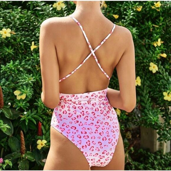 Shein Leopard Print Criss Cross One Piece Swimsuit Size XL NEW - Picture 7 of 8